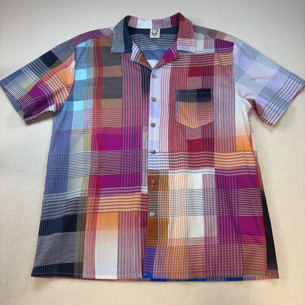 Mens Medium Multicolor Groovy Patchwork Plaid Short Sleeve Button Up Shirt